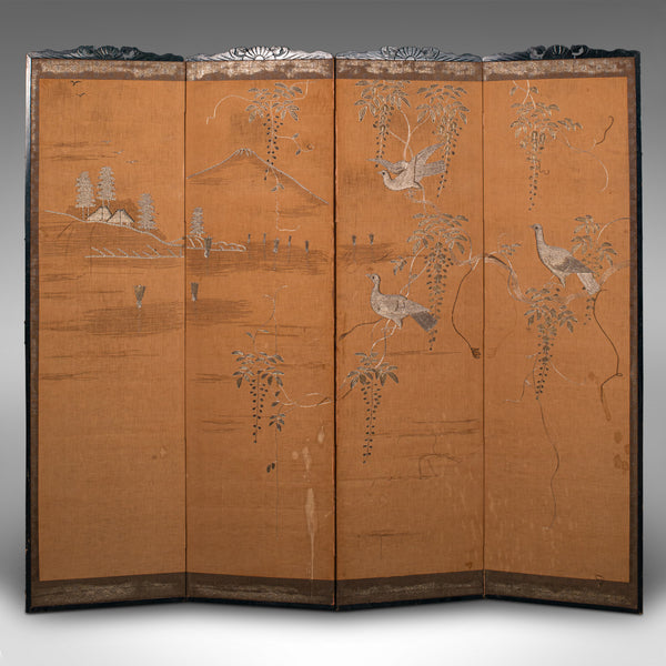 Vintage 4-Fold Privacy Screen, Japanese, Embroidered, Room Divider, Art Deco