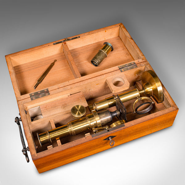 Antique Cased Scholar's Microscope, English, Brass Scientific Instrument, C.1920