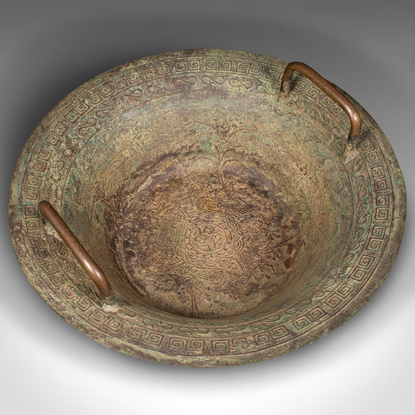 Antique Ceremonial Bowl, Chinese, Patinated Brass, Dish, Qing, Victorian, C.1900