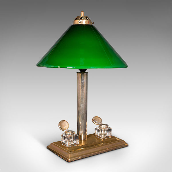 Antique Executive Desk Lamp, English, Brass, Glass, Table Light, Edwardian, 1910