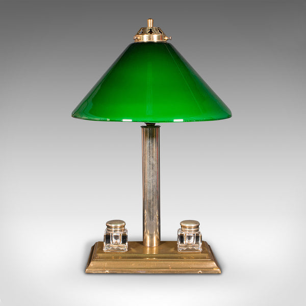 Antique Executive Desk Lamp, English, Brass, Glass, Table Light, Edwardian, 1910