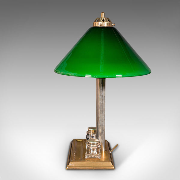 Antique Executive Desk Lamp, English, Brass, Glass, Table Light, Edwardian, 1910