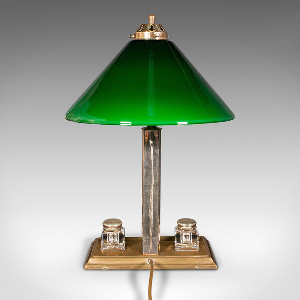 Antique Executive Desk Lamp, English, Brass, Glass, Table Light, Edwardian, 1910