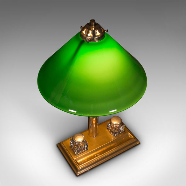 Antique Executive Desk Lamp, English, Brass, Glass, Table Light, Edwardian, 1910