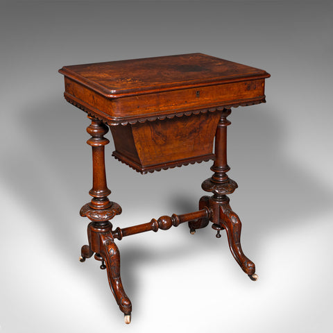 Antique Ladies Work Table, English, Burr Walnut, Sewing Table, Victorian, C.1850