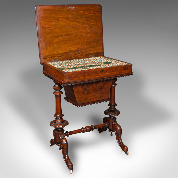 Antique Ladies Work Table, English, Burr Walnut, Sewing Table, Victorian, C.1850