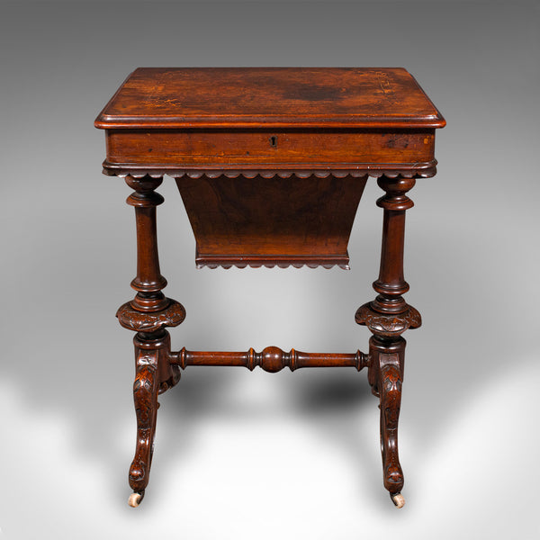 Antique Ladies Work Table, English, Burr Walnut, Sewing Table, Victorian, C.1850