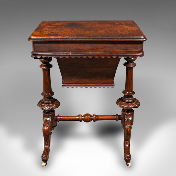 Antique Ladies Work Table, English, Burr Walnut, Sewing Table, Victorian, C.1850