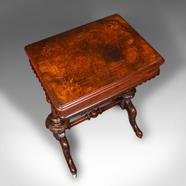 Antique Ladies Work Table, English, Burr Walnut, Sewing Table, Victorian, C.1850