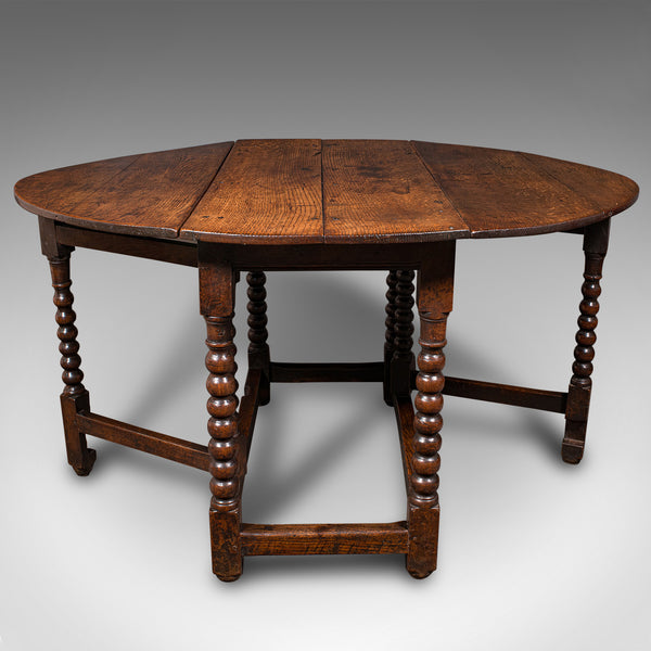 Antique Gate Leg Table, English, Oak, Oval, Extending, Provincial, William III