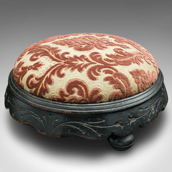 Antique Cushioned Stool, English, Ebonised, Footstool, Art Nouveau, Victorian