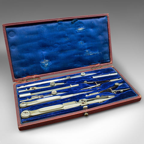 Vintage Scholar's Instrument Set, English, Nickel Steel, Draughtsman's Tool Case
