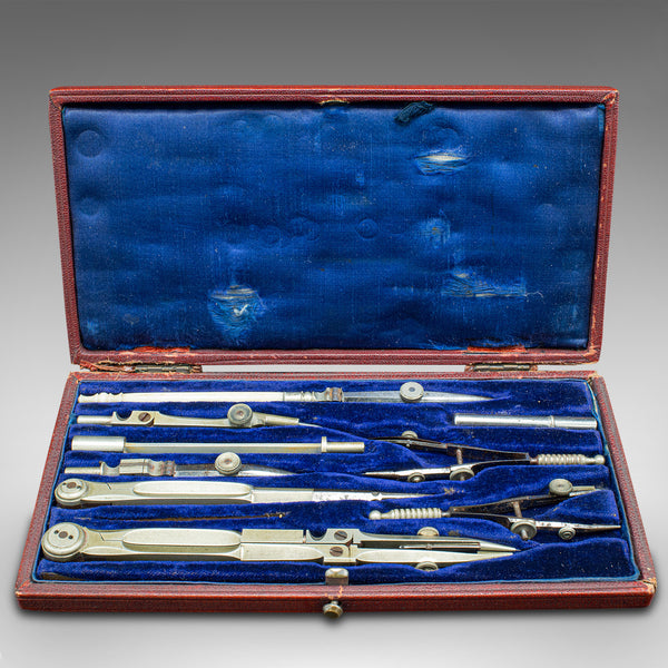 Vintage Scholar's Instrument Set, English, Nickel Steel, Draughtsman's Tool Case