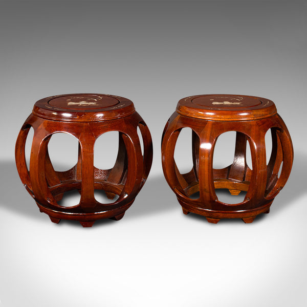 Pair Of Vintage Barrel Stools, Chinese, Inlaid, Decorative Display Stand, C.1970