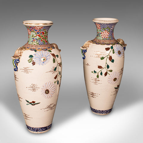 Tall Pair Of Vintage Satsuma Vases, Japanese, Ceramic, Flower, Oriental Art Deco