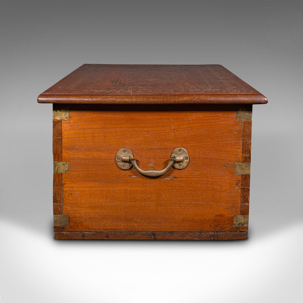 Vintage Campaign Chest, Anglo Indian, Teak, Brass, Inlay, Coffee Table, Art Deco