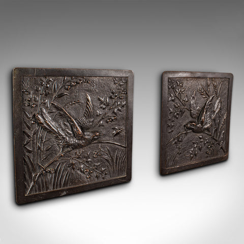 Pair Of Antique Decorative Wall Plaques, Japanese, Bronze, Edo Period, Victorian