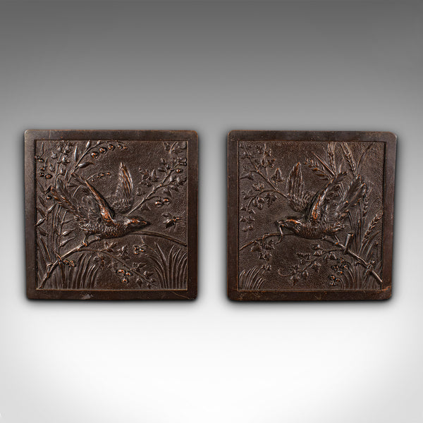 Pair Of Antique Decorative Wall Plaques, Japanese, Bronze, Edo Period, Victorian
