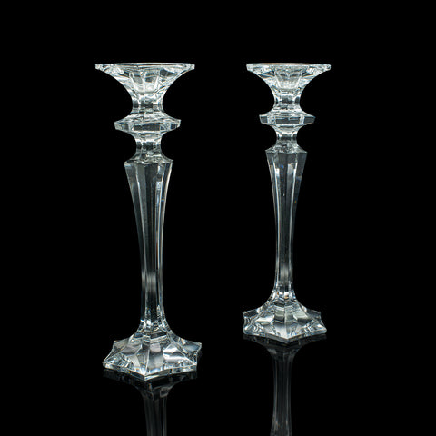 Pair Of Vintage Candlesticks, English, Glass, Decorative Candle Nozzle, C.1970