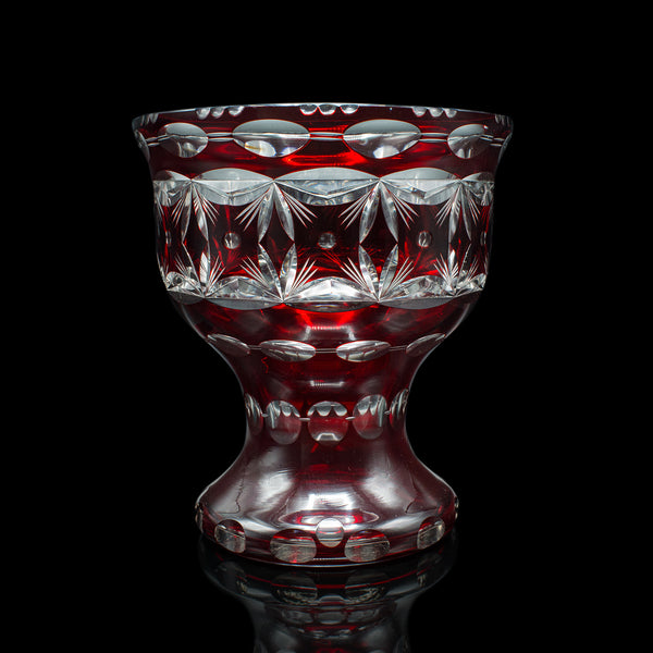 Antique Pedestal Bowl, Continental, Red Glass, Decorative Ice Bucket, Circa 1920