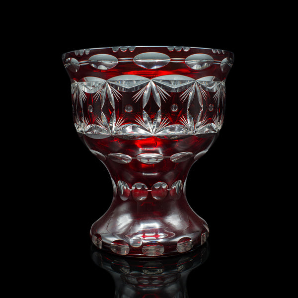 Antique Pedestal Bowl, Continental, Red Glass, Decorative Ice Bucket, Circa 1920