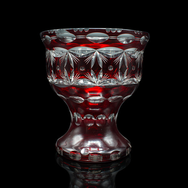 Antique Pedestal Bowl, Continental, Red Glass, Decorative Ice Bucket, Circa 1920