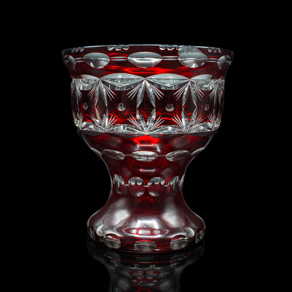 Antique Pedestal Bowl, Continental, Red Glass, Decorative Ice Bucket, Circa 1920