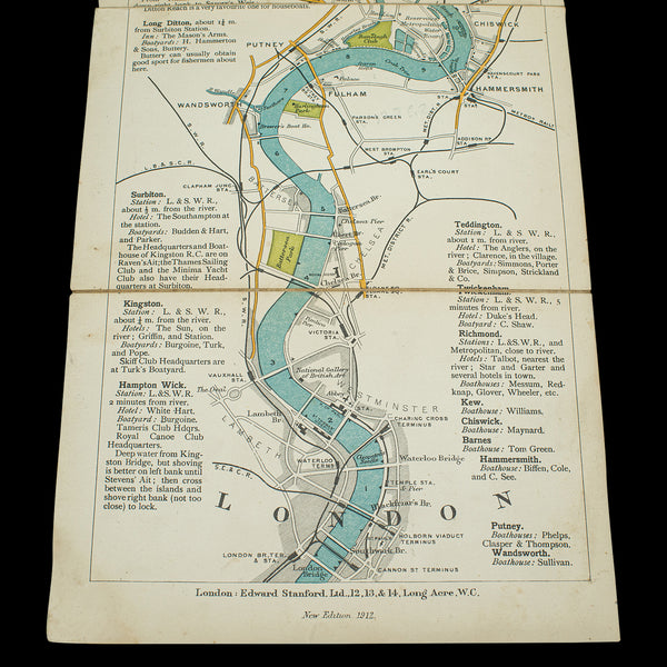 Antique Oarsman's Map of the River Thames, English, Cartography, Published 1912