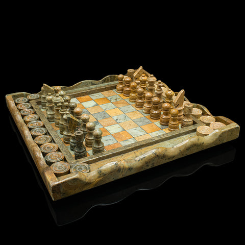 Vintage Chess & Draughts Board, English, Hardstone, Marble, Gaming Set, C.1970