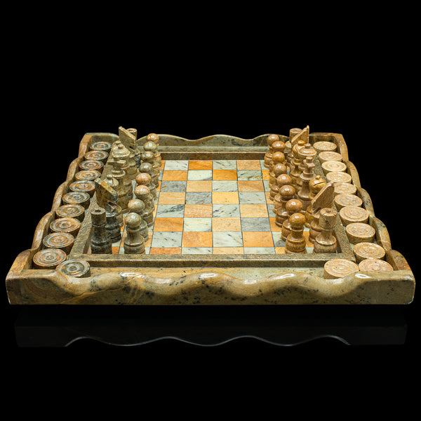 Vintage Chess & Draughts Board, English, Hardstone, Marble, Gaming Set, C.1970
