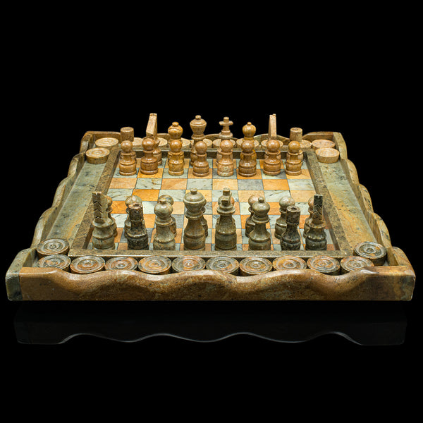 Vintage Chess & Draughts Board, English, Hardstone, Marble, Gaming Set, C.1970