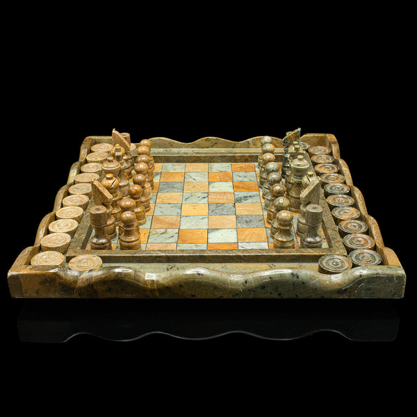 Vintage Chess & Draughts Board, English, Hardstone, Marble, Gaming Set, C.1970