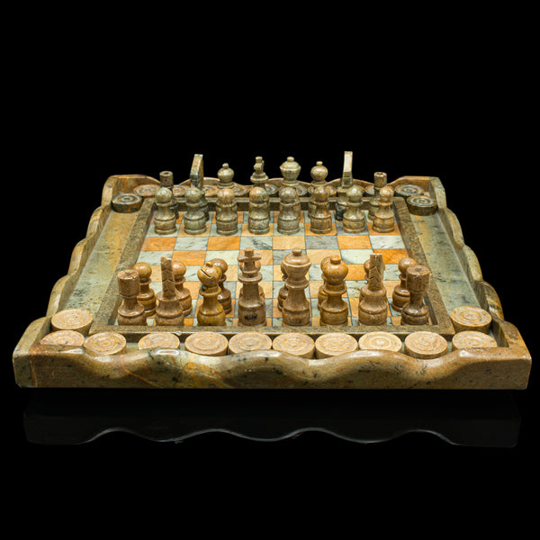 Vintage Chess & Draughts Board, English, Hardstone, Marble, Gaming Set, C.1970