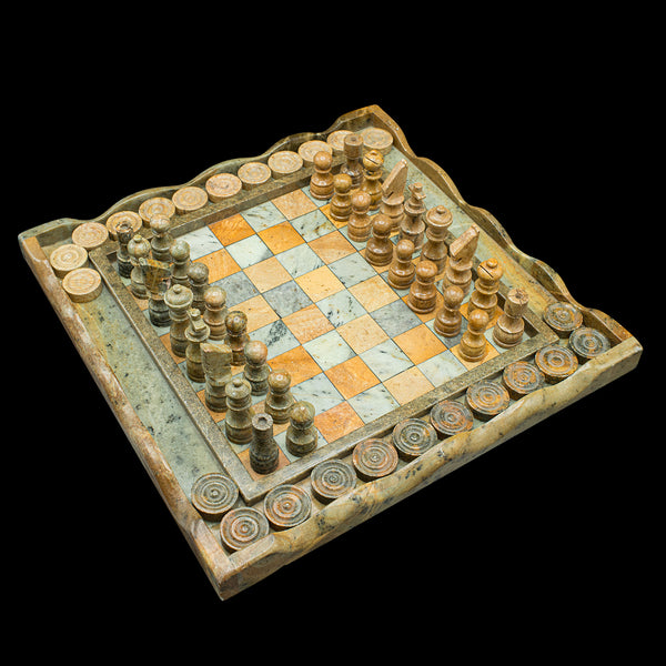 Vintage Chess & Draughts Board, English, Hardstone, Marble, Gaming Set, C.1970