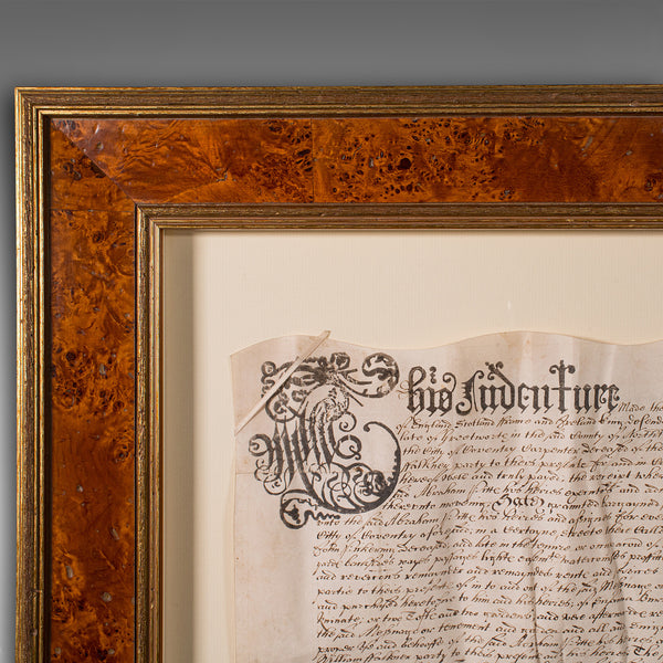 Antique Framed Indenture, English, Vellum, Document, 17th Century, Dated 1671