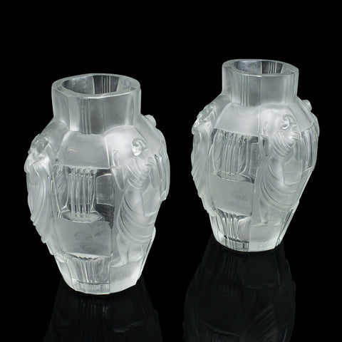 Pair Of Antique Art Nouveau Flower Vases, French, Frosted Glass, After Lalique