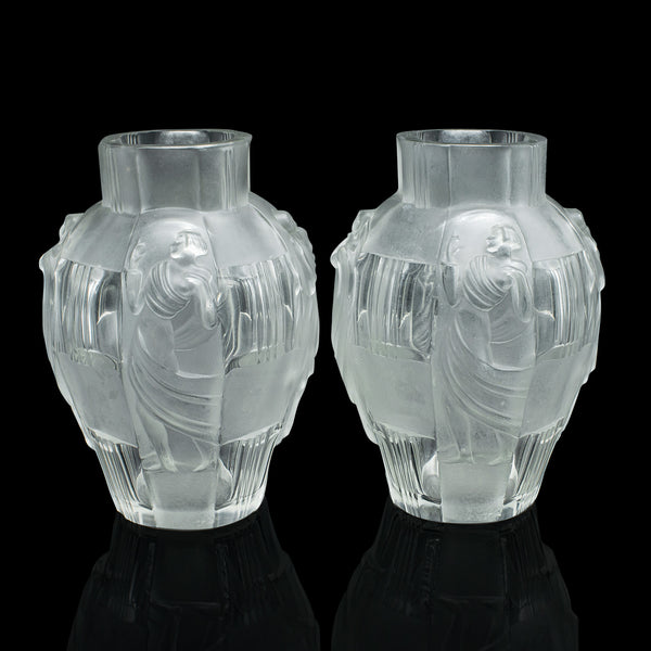 Pair Of Antique Art Nouveau Flower Vases, French, Frosted Glass, After Lalique