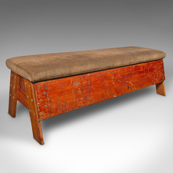 Vintage Gymnasium Bench, English, Pine, Suede, Window Seat, Dining Room, C.1930