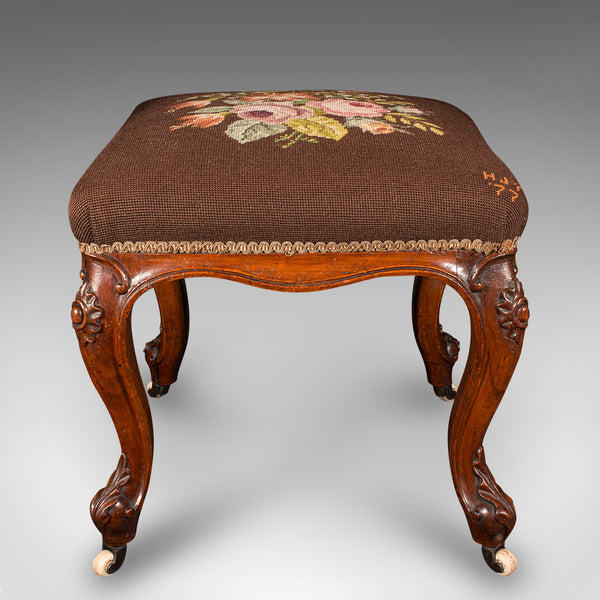 Antique Dressing Stool, English, Walnut, Needlepoint, Footstool, Early Victorian