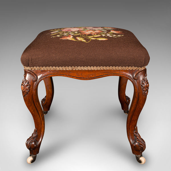 Antique Dressing Stool, English, Walnut, Needlepoint, Footstool, Early Victorian