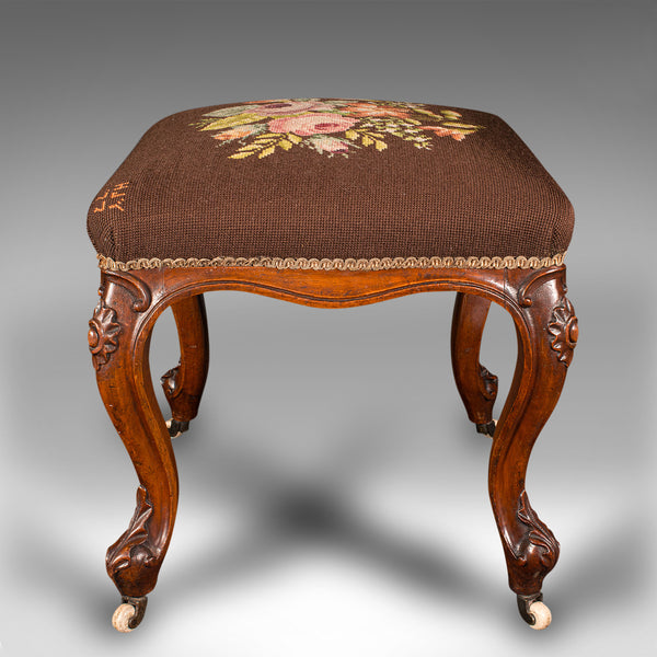 Antique Dressing Stool, English, Walnut, Needlepoint, Footstool, Early Victorian