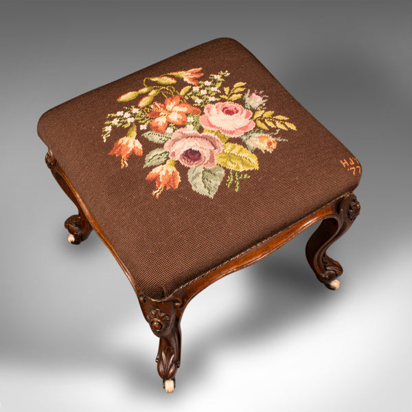 Antique Dressing Stool, English, Walnut, Needlepoint, Footstool, Early Victorian