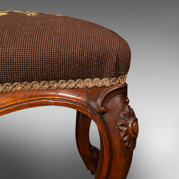 Antique Dressing Stool, English, Walnut, Needlepoint, Footstool, Early Victorian
