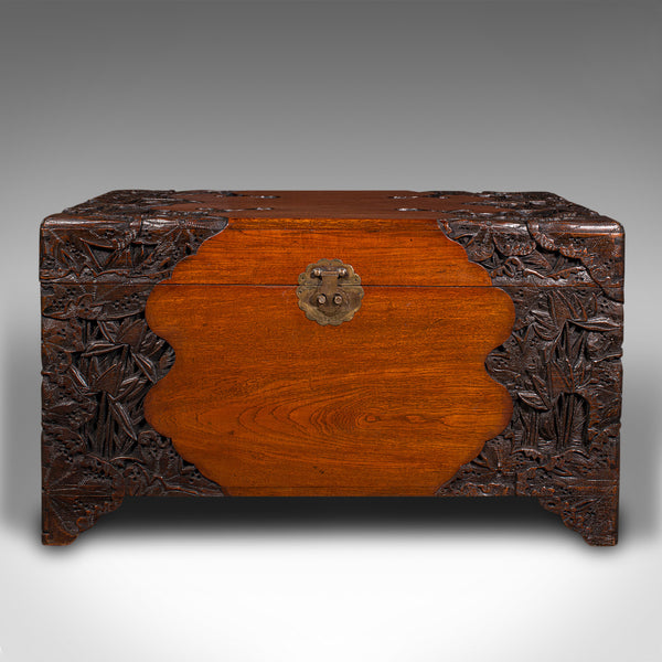 Large Vintage Carved Linen Chest, Oriental, Teak, Camphor, Trunk, Art Deco, 1930