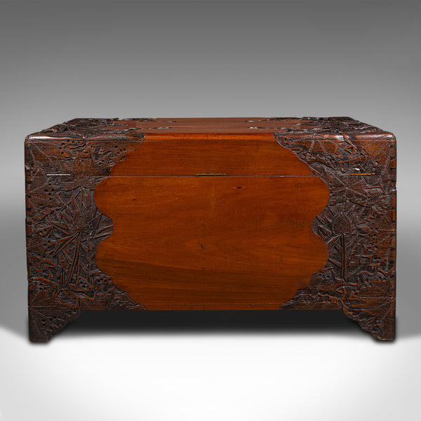 Large Vintage Carved Linen Chest, Oriental, Teak, Camphor, Trunk, Art Deco, 1930