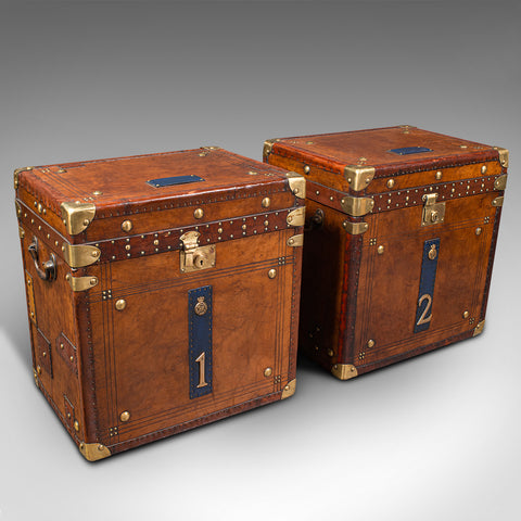 Pair of Vintage Campaign Luggage Cases, English, Leather, Military, Nightstands