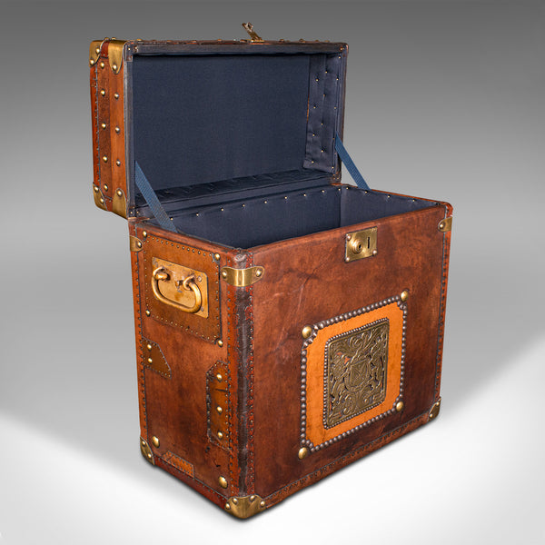 Vintage Campaign Luggage Case, English, Leather, Brass, Nightstand, Circa 1960