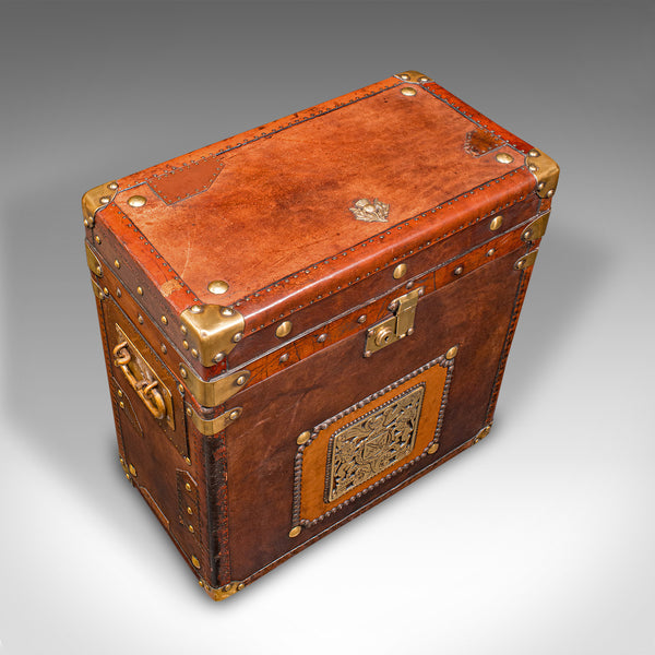 Vintage Campaign Luggage Case, English, Leather, Brass, Nightstand, Circa 1960