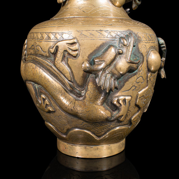 Antique Decorative Vase, Chinese, Brass, Flower Urn, Dragon Motif, Victorian