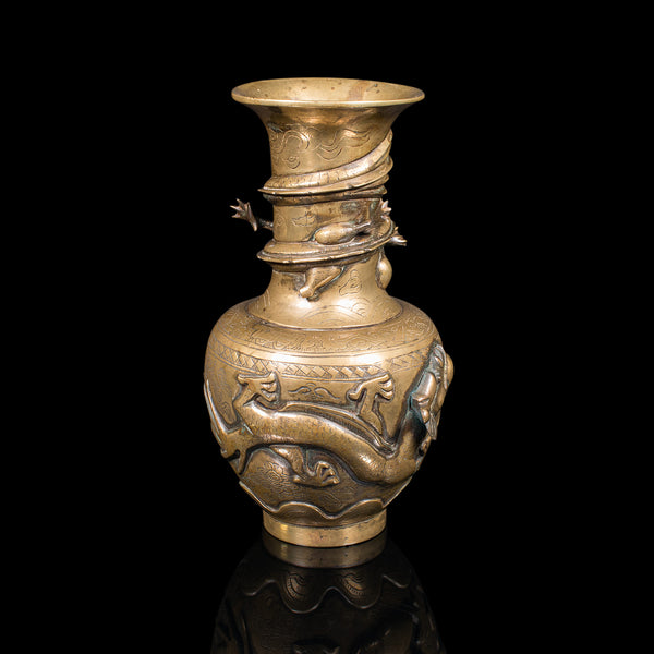 Antique Decorative Vase, Chinese, Brass, Flower Urn, Dragon Motif, Victorian